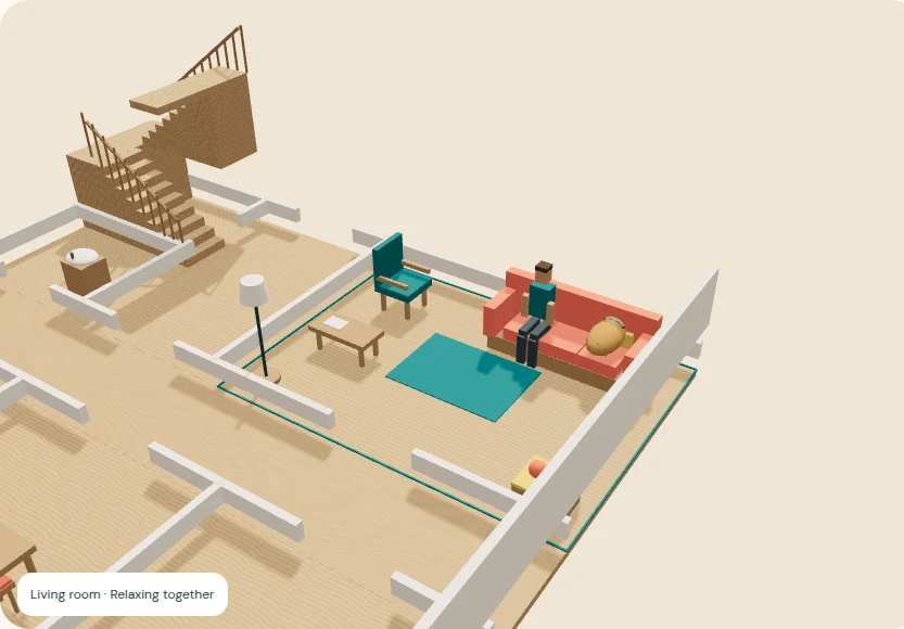 Little Together’s in-development home with a seated character and pet on a coral sofa