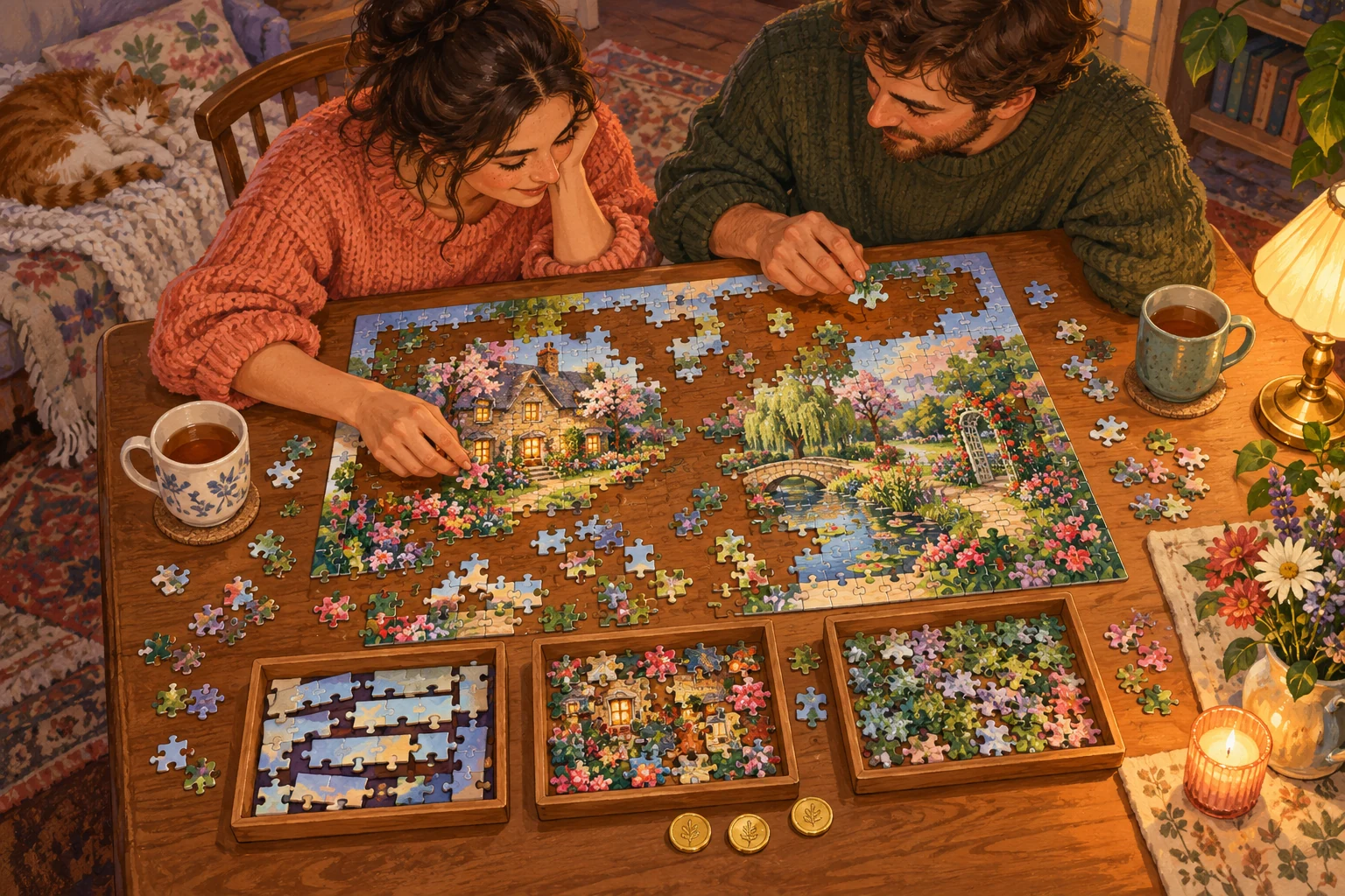 Two partners assemble a cottage jigsaw together, sharing three trays of edge, landmark and connecting pieces beside three hint tokens.