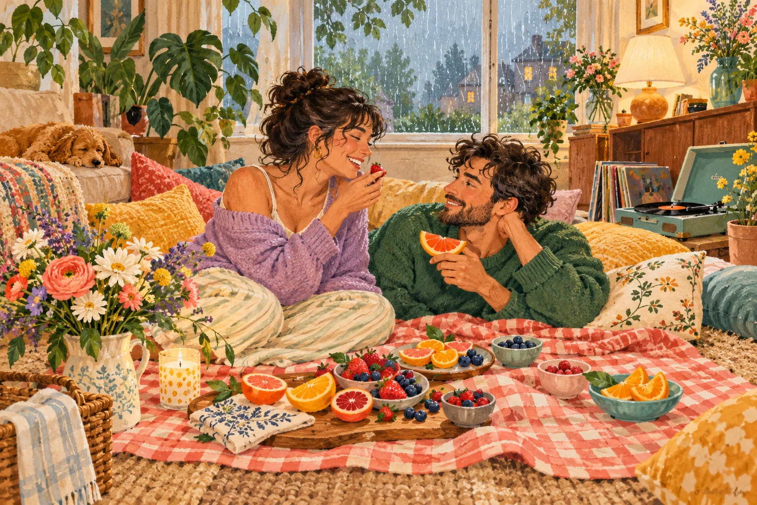 Two partners enjoying an indoor picnic with fruit, flowers, music and soft cushions.