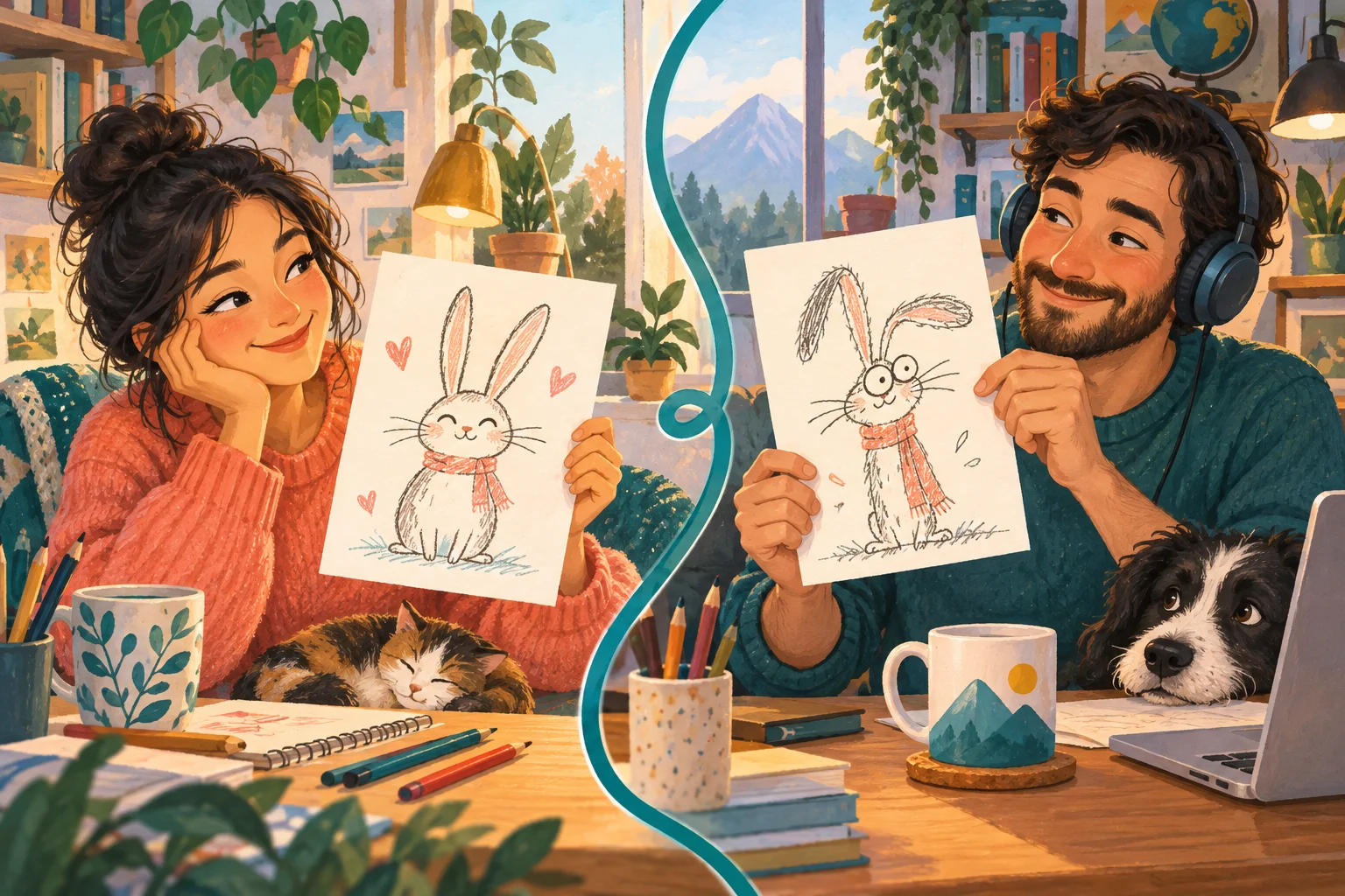 Two partners on a video call showing each other their different drawings of an imaginary rabbit.