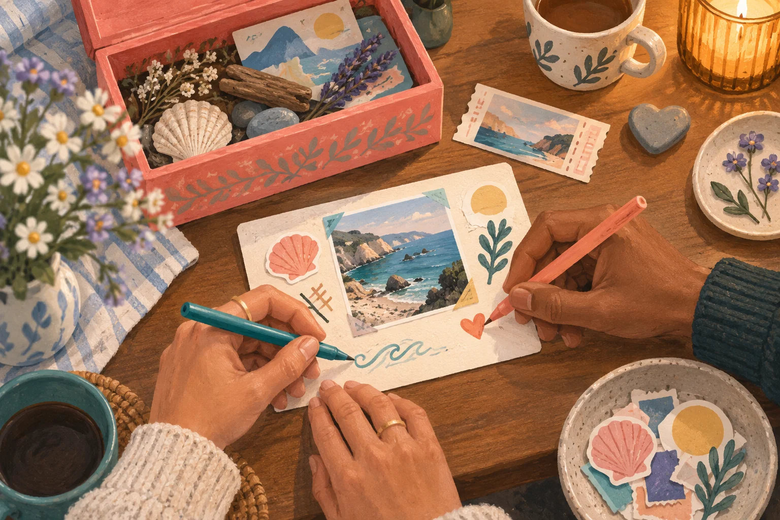 Two people making a shared memory card with photographs, pens and a keepsake box.