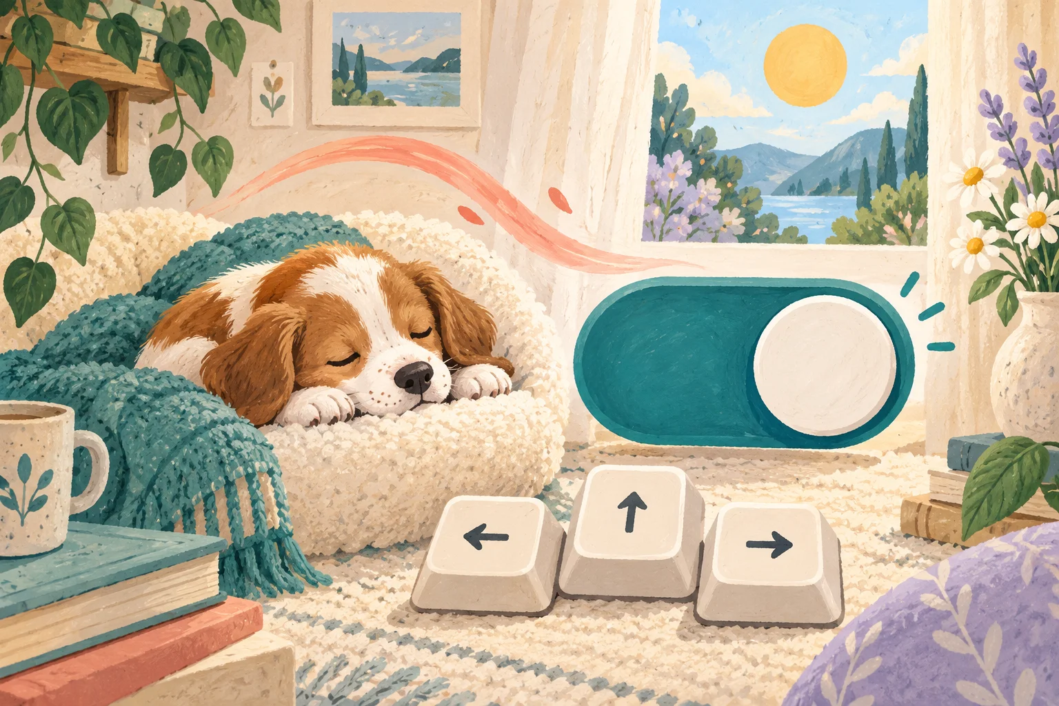 A resting puppy beside an animation toggle and keyboard arrow keys in a cosy reading nook.