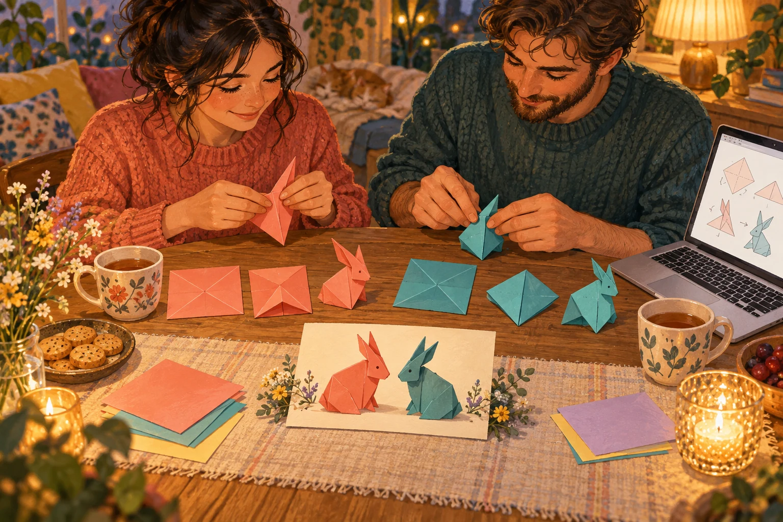 Two partners folding contrasting paper animals beside three stages of practice folds and a paired finished display.