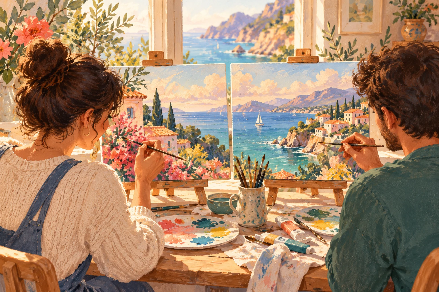 Two partners painting separate canvases that join into one coastal scene.