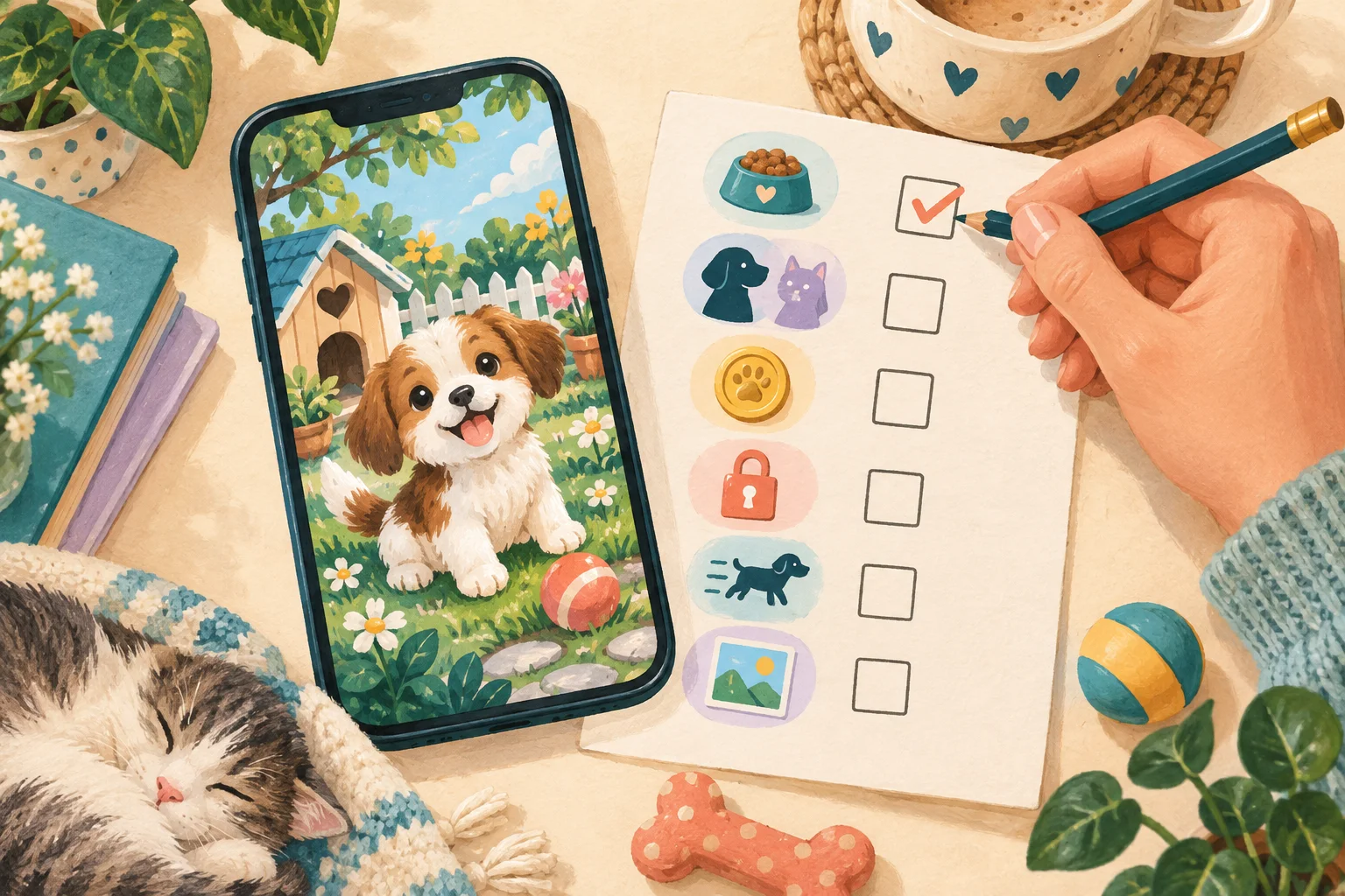 A virtual puppy on a phone beside a checklist for care, sharing, cost, privacy, controls and saved memories.