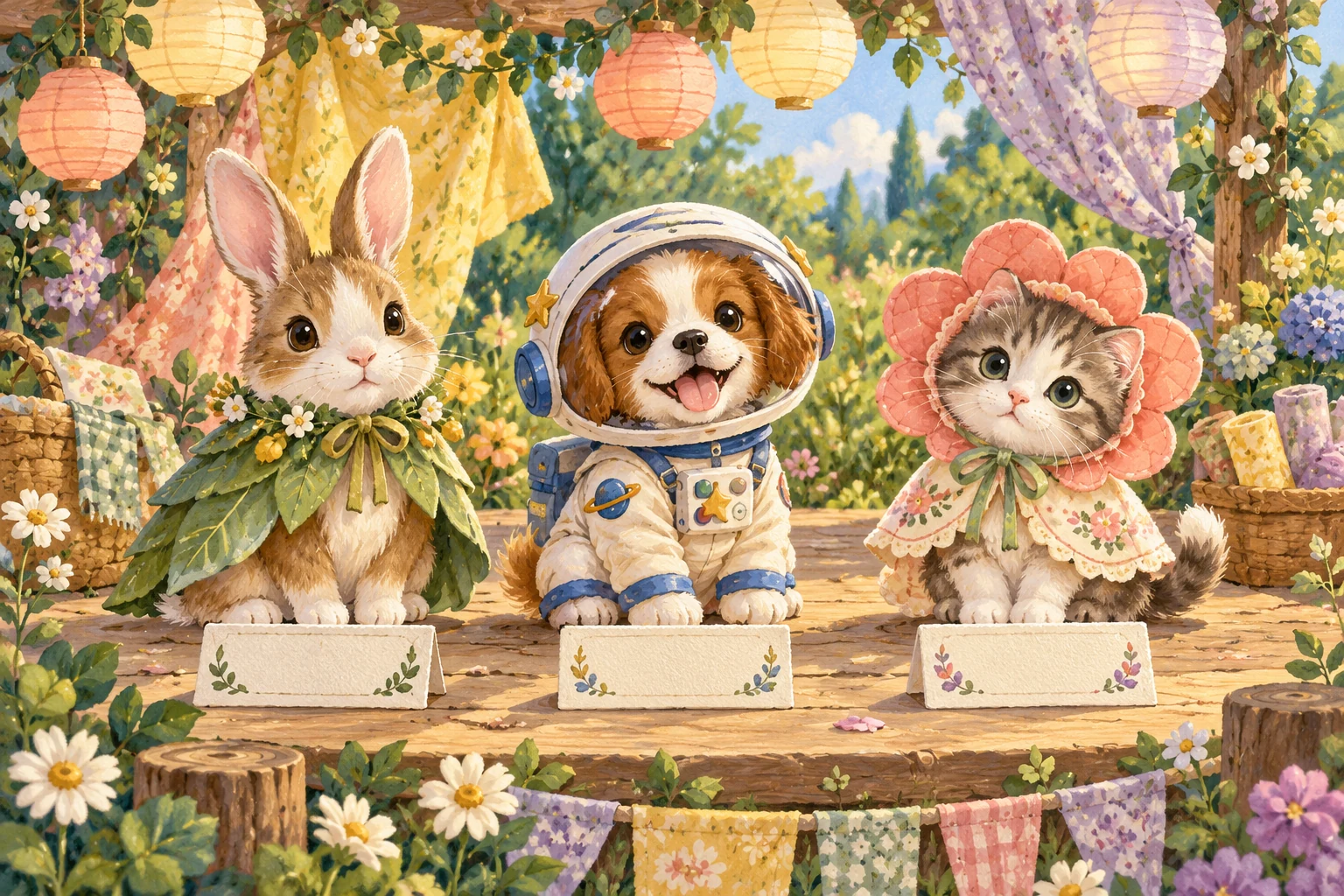 A virtual rabbit, puppy and kitten showing leafy, astronaut and flower costumes on an equal stage.