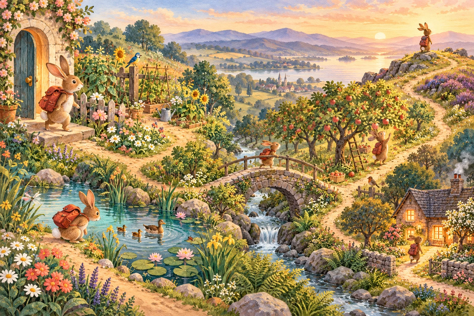 A virtual rabbit following a storybook path through seven miniature scenes.