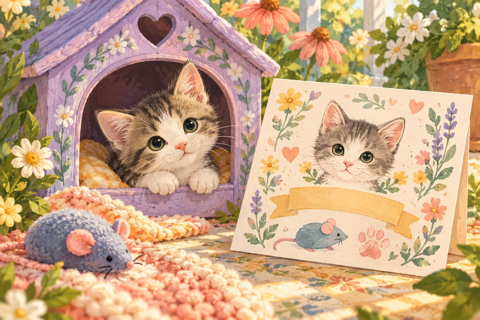 A virtual kitten beside a welcome card with a portrait, pawprint and favorite toy.
