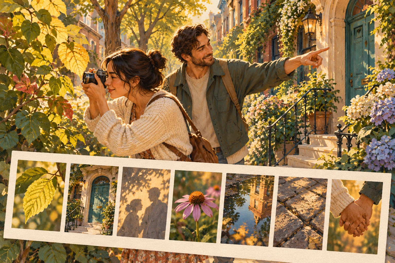Two partners on a photo walk with a seven-frame contact sheet of their discoveries.