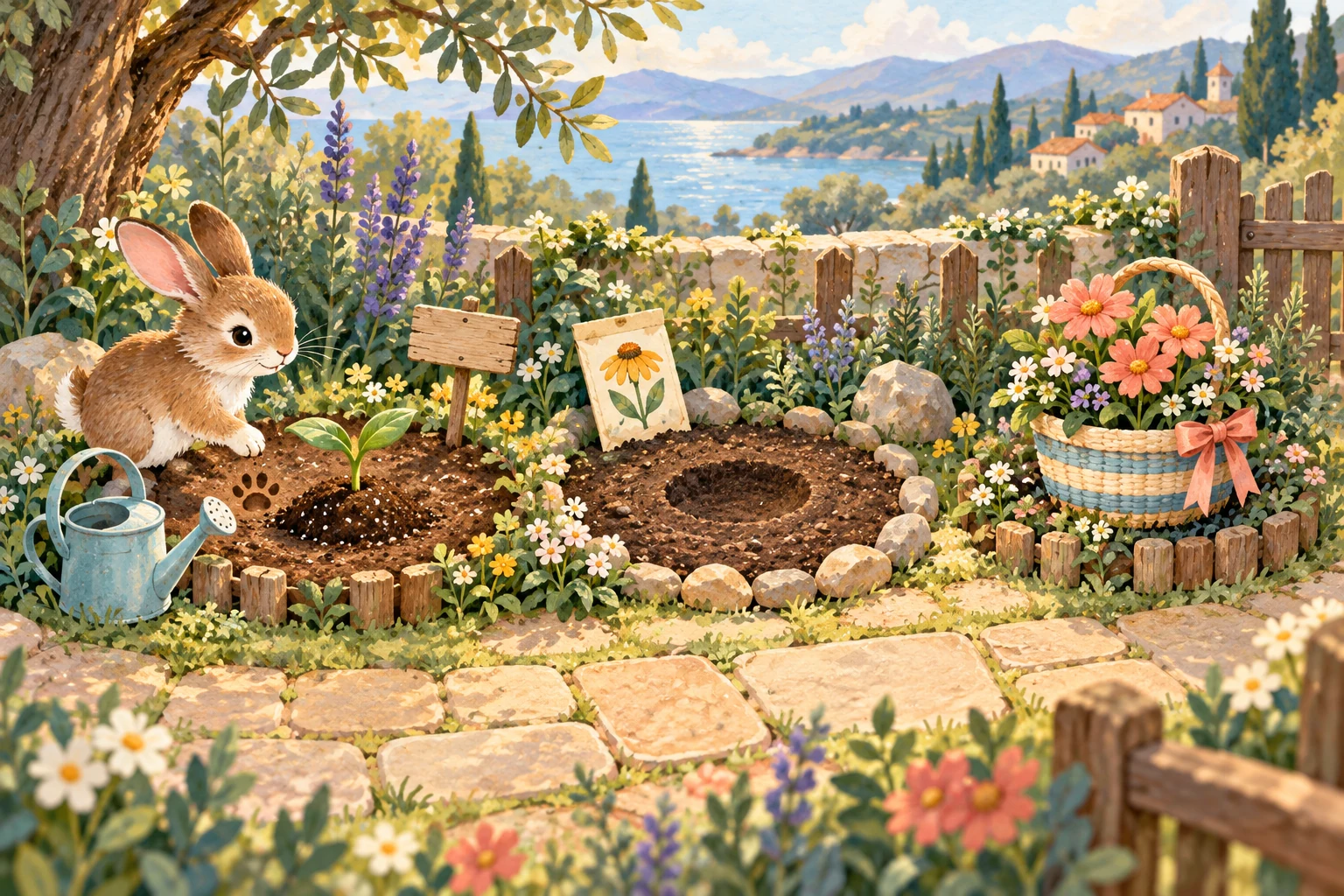 A virtual rabbit visits three garden plots showing an active sprout, an optional seed choice and a completed flower memory, distinguished by shapes and textures.