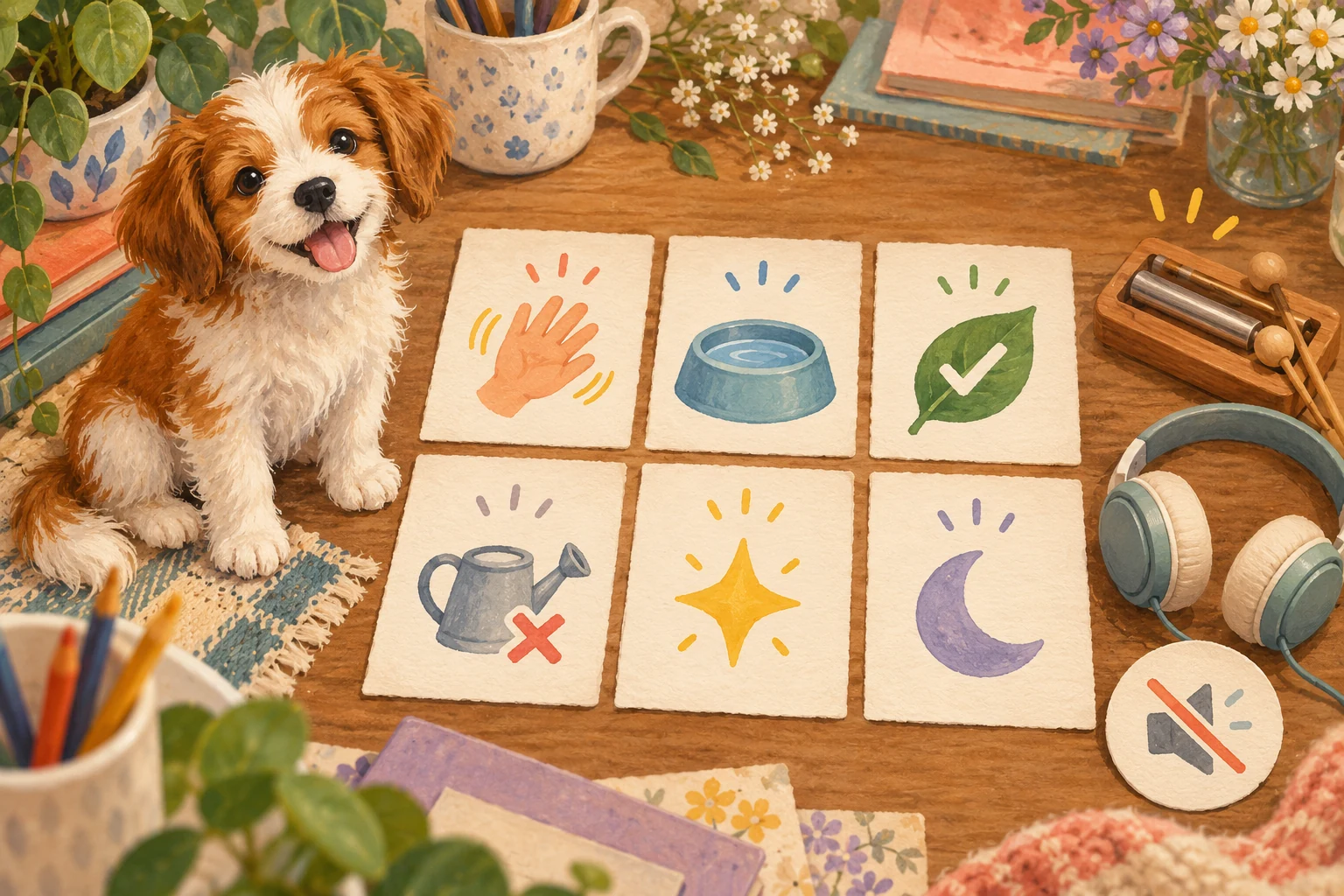 A puppy companion beside six illustrated sound-event cards, a wooden tone instrument and headphones, with a mute symbol showing a complete silent option.